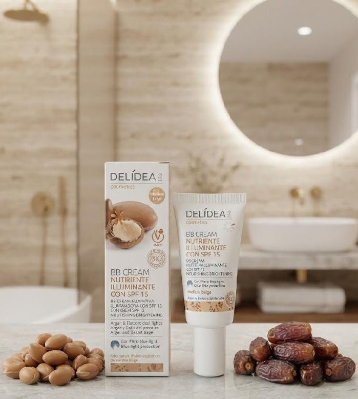 DELIDEA bio Argan a pouštní Datle - Výživný BB krém s filtrem SPF 15 a filtrem proti modrému světlu STŘEDNĚ BÉŽOVÁ BARVA 30 ml