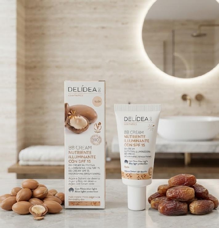 DELIDEA bio Argan a pouštní Datle - Výživný BB krém s filtrem SPF 15 a filtrem proti modrému světlu PŘÍRODNÍ BARVA 30 ml