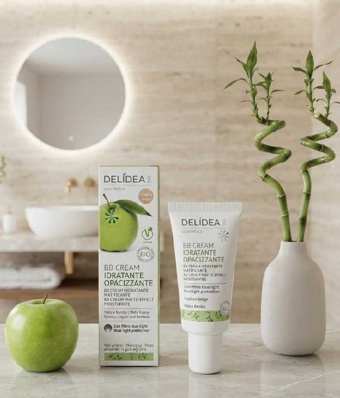 DELIDEA bio Jablko a Bambus - Hydratační matujicí BB krém s filtrem proti modrému světlu STŘEDNĚ BÉŽOVÁ BARVA 30ml