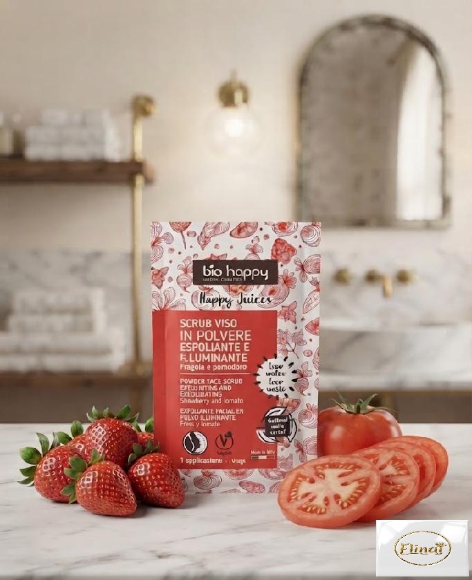 bio happy - Bio rozjasňující peeling v prášku s jahodou a rajčetem 5 g