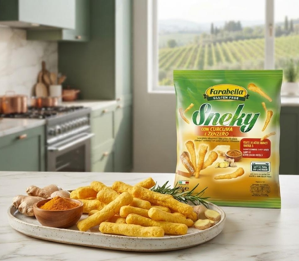 Farabella - Pečené kukuřičné sýrové sneky s kurkumou a zázvorem s omega 3 bez lepku 50 g