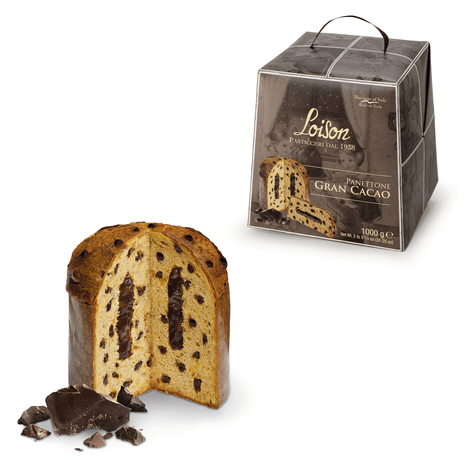 Loison - ITALSKÉ KVÁSKOVÉ PANETTONE BEZ KANDOVANÉHO OVOCE A ROZINEK, S ČOKOLÁDOVÝM KRÉMEM 15 % A KOUSKY HOŘKÉ ČOKOLÁDY 8 % 1000 g
