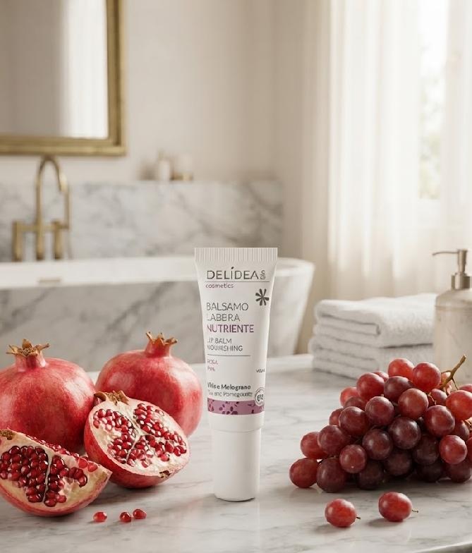 DELIDEA bio Granátové jablko a Hrozny - Bio výživný balzám na rty růžová barva 10 ml