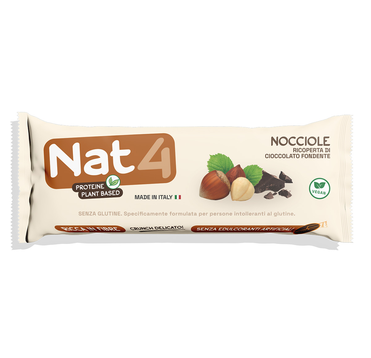 Nat4 - Tyčinka s lískovými oříšky v hořké čokoládě BEZ LEPKU, SLADIDEL, LAKTÓZY BOHATÁ NA VLÁKNINU NA BÁZI ROSTLINNÝCH PROTEINŮ 40 g