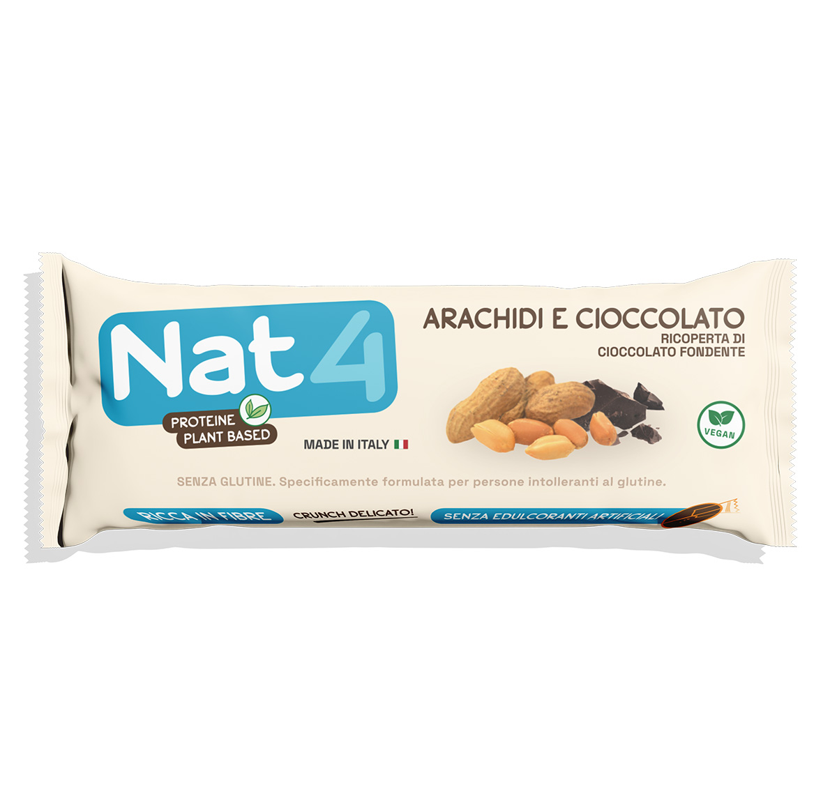 Nat4 - Tyčinka s arašídy v hořké čokoládě BEZ LEPKU, SLADIDEL, LAKTÓZY BOHATÁ NA VLÁKNINU NA BÁZI ROSTLINNÝCH PROTEINŮ 40 g